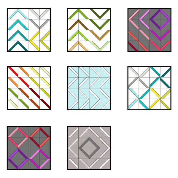 Diagram of various layouts for pieced fly away blanket